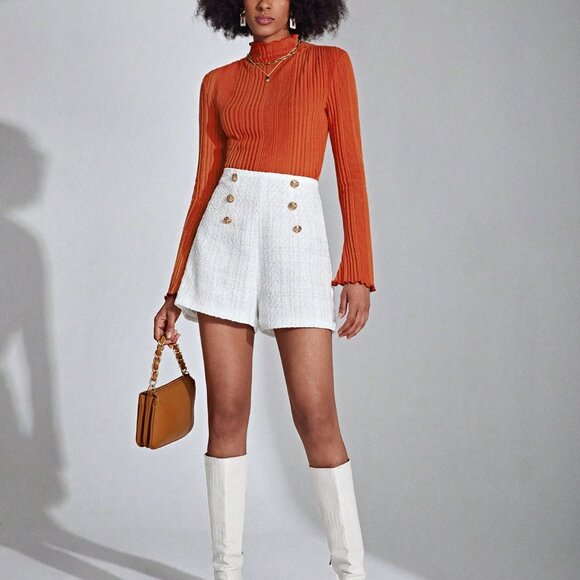 White Elegant Women's High Waist Metal Button Double-Breasted Tweed Shorts - Picture 4 of 5